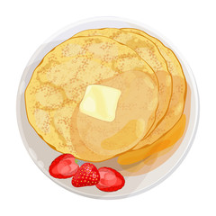 Thin pancakes with strawberries lying on plate isolated illustration