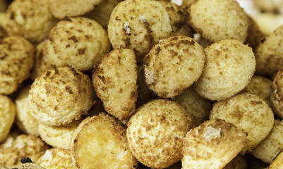 Crafted coconut cookies in a traditional market