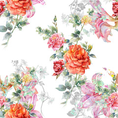 Watercolor painting of leaf and flowers, seamless pattern on white background