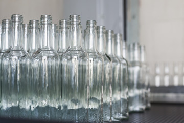 A lot of empty glass bottles on the conveyor