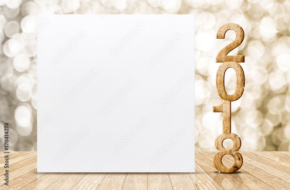 Poster 2018 happy New year glitter number and white card in perspective room with sparkling gold bokeh wall and wooden plank floor,leave space for adding text or design.