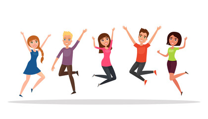 Fototapeta na wymiar Happy group of people, boy, girl jumping on a white background. The concept of friendship, healthy lifestyle, success. Vector illustration in a flat and cartoon style