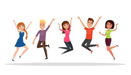 Happy group of people, boy, girl jumping on a white background. The concept of friendship, healthy lifestyle, success. Vector illustration in a flat and cartoon style
