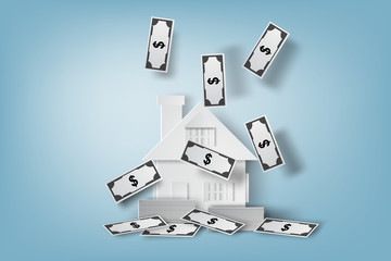 Paper art of home with pile of money and real estate symbol,bill growth banner,vector