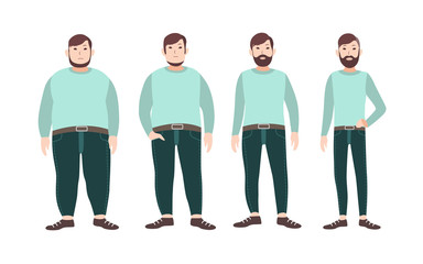 Obraz premium Visualization of weight loss stages of male cartoon character, from fat to slim. Concept of body changing through diet, healthy nutrition and sports. Vector illustration.