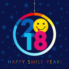 2018 seasons greetings happy smile year card. Christmas ball consisting of colored vector 2018 numbers, text Happy Smile Year and  and smile with tongue on snow holiday background