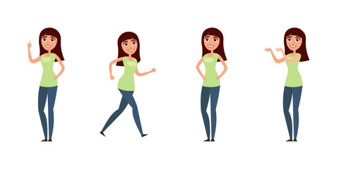 Fototapeta premium Set of woman, girl in casual clothes in different poses. A character for your design project. Vector illustration in flat and cartoon style