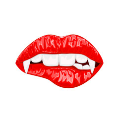 Fototapeta premium Red female lips with vampire fangs