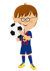 Little boy in uniform holding soccer ball isolated