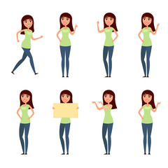 Fototapeta premium Set of woman, girl in casual clothes in different poses. A character for your design project. Vector illustration in flat and cartoon style