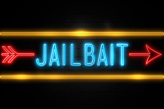 Jailbait  - fluorescent Neon Sign on brickwall Front view