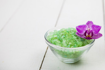 Spa treatments on wooden table.