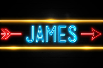 James  - fluorescent Neon Sign on brickwall Front view