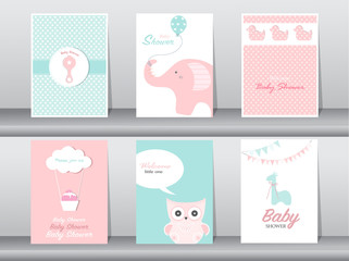 Set of greeting and invitation card, birthday, holiday, Animals, owl, elephant, giraffe, and duck. cartoon, vector illustration.