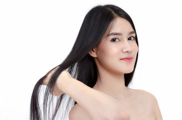 Young smile Asian woman touch her health long straight hair,beauty hair care