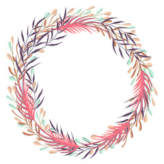 Wreath with fantasy plants and leaves. Decorative floral design elements for invitation, wedding or greeting cards. Hand drawn vector illustration in watercolor style
