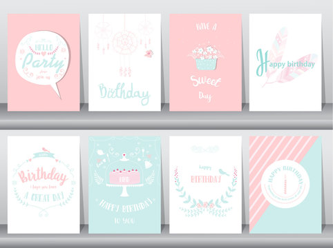 Set of birthday cards,poster,template,greeting cards,sweet,balloons,cake,feather,Vector illustrations