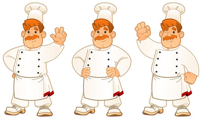 Cartoon European chef. Gestures and emotions. A set of stickers.