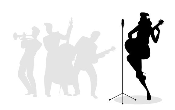 Retro singer woman guitarist silhouette with musicians in the background