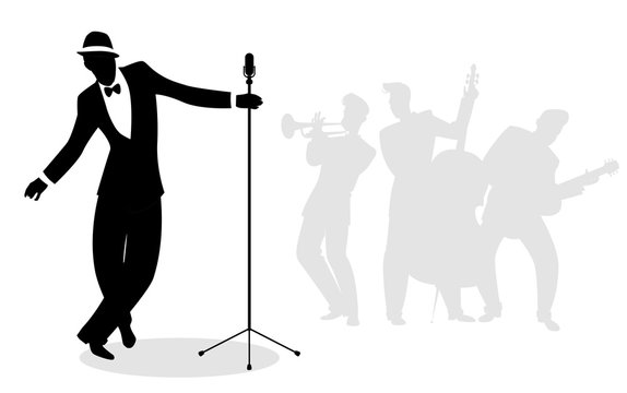 Retro singer 'crooner' silhouette with musicians in the background