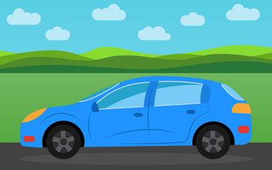 Fototapeta na wymiar Blue sports car in the background of nature landscape in the daytime. Vector illustration. 