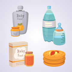 Juices and purees for baby. food cartoon products set.