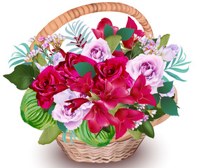 Realistic Floral bouquet in a basket Vector. Beautiful decor detailed illustration