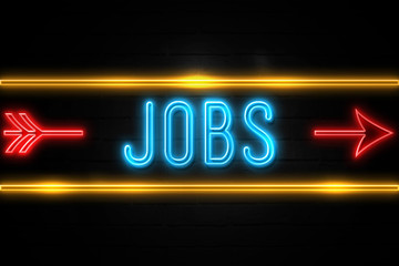 Jobs  - fluorescent Neon Sign on brickwall Front view