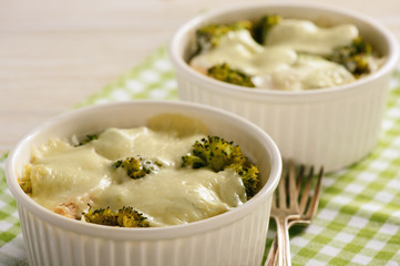 Casserole with broccoli, rice, chicken and mozzarella cheese.