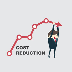 Cost reduction concept. Cost down. Businessman with his hand lowers the arrow of the graph. Vector illustration flat design. Decrease down profit. Declining chart.