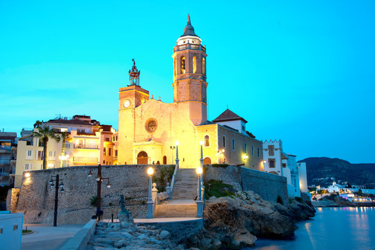 Church of Sant Bertomeu and Santa Tecla in Sitges by night.Costa Brava, Spain.