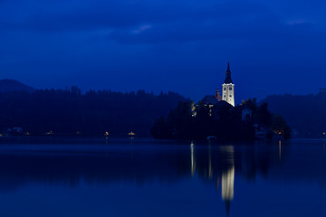 Fototapeta na wymiar Church on island in Lake Bled in night, Slovenia