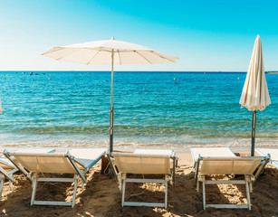 Rows of empty beach lounges in Juan les Pins, France