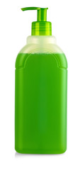 Green plastic detergent container, bottle, isolated.