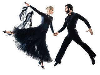 one caucasian man and woman couple ballroom tango salsa dancer dancing in studio silhouette...