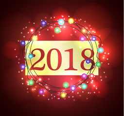 2018 vector illustration carved from gold inscription on a red background background with glare flashes of bokeh and sparkles. Christmas garland at the Christmas tree.