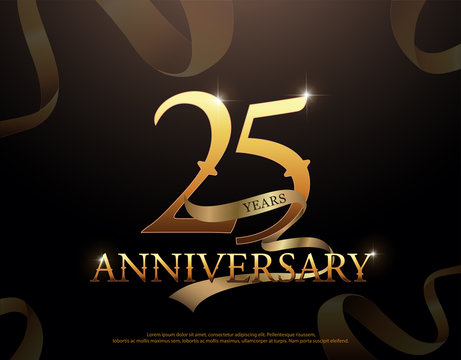 25 year anniversary celebration logotype template. 25th logo with ribbons on black background
