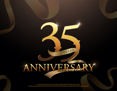 35 year anniversary celebration logotype template. 35th logo with ribbons on black background