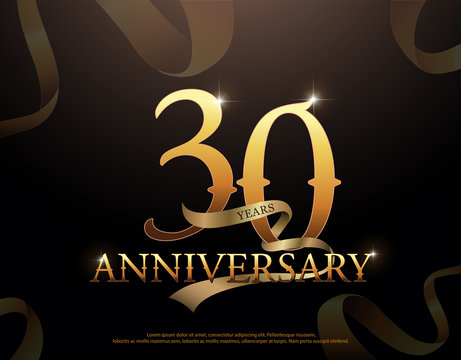 30 year anniversary celebration logotype template. 30th logo with ribbons on black background