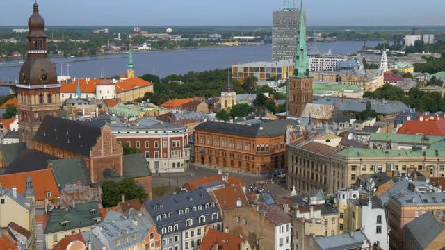 View to Riga old town from tower of Saint Peters Church. Zoom out effect