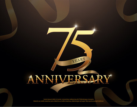 75 year anniversary celebration logotype template. 75th logo with ribbons on black background