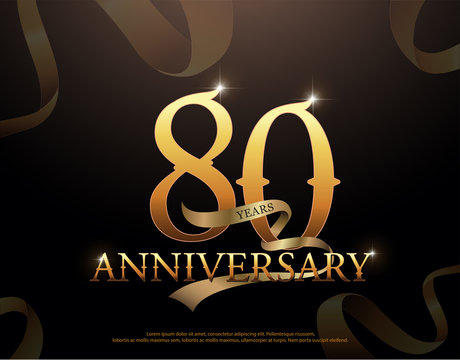 80 year anniversary celebration logotype template. 80th logo with ribbons on black background