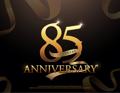 85 year anniversary celebration logotype template. 85th logo with ribbons on black background