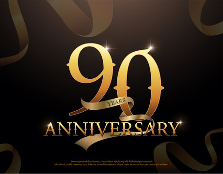 90 year anniversary celebration logotype template. 90th logo with ribbons on black background