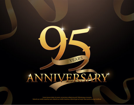 95 year anniversary celebration logotype template. 95th logo with ribbons on black background