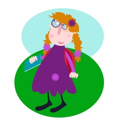 Funny schoolgirl with backpack holding a book in her hand