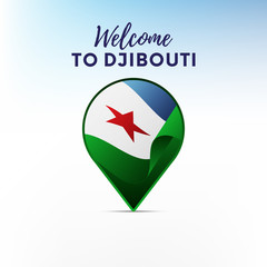 Flag of Djibouti in shape of map pointer or marker. Welcome to Djibouti. Vector illustration.