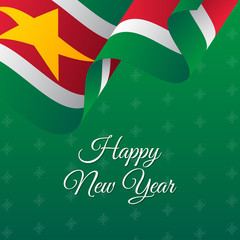 Happy New Year banner. Suriname waving flag. Snowflakes background. Vector illustration.