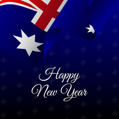 Happy New Year banner. Australia waving flag. Snowflakes background. Vector illustration.