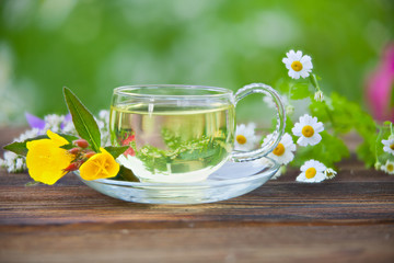 Crystal cup with green tea on table